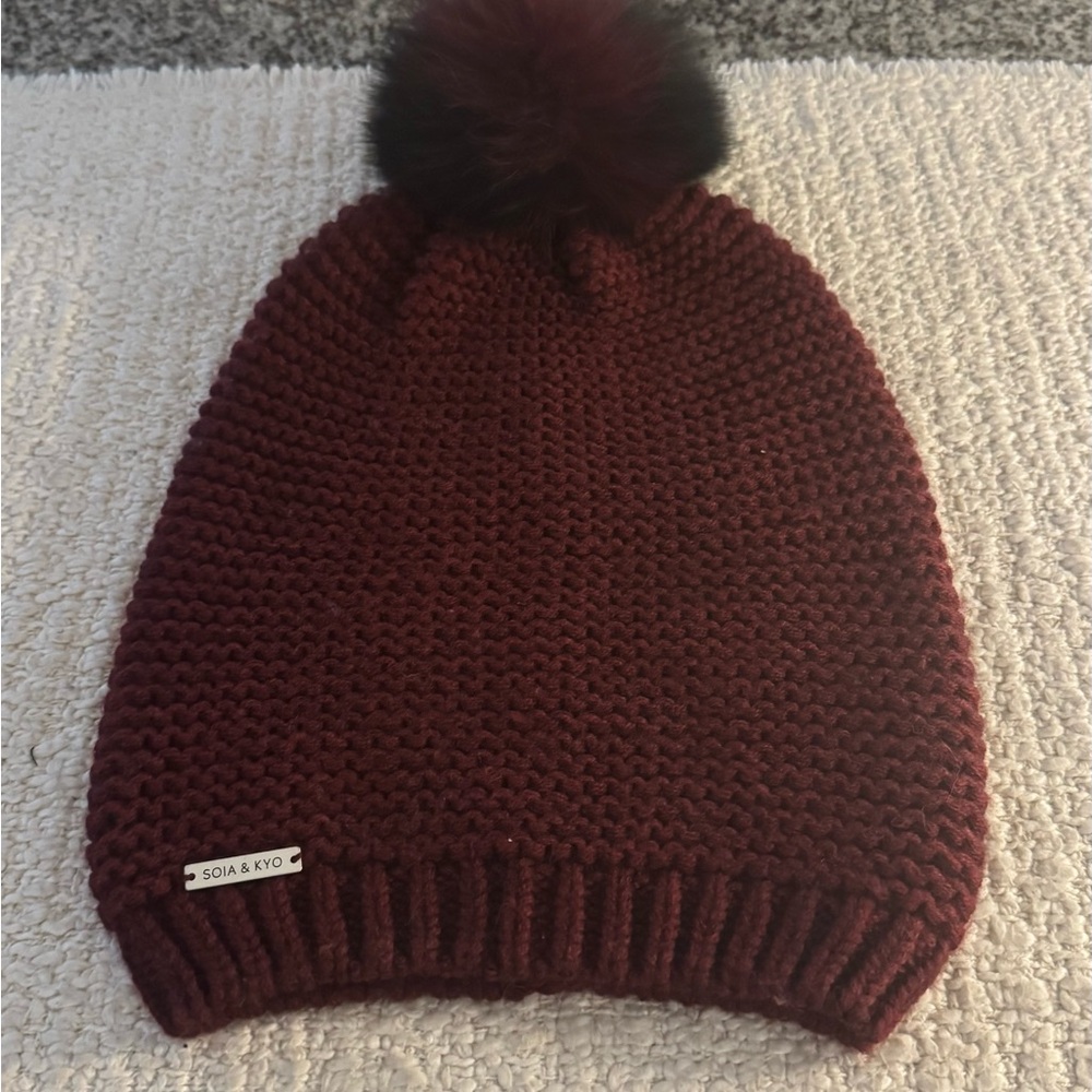 Soia & Kyo Burgundy Knit Beanie with Pom-Pom